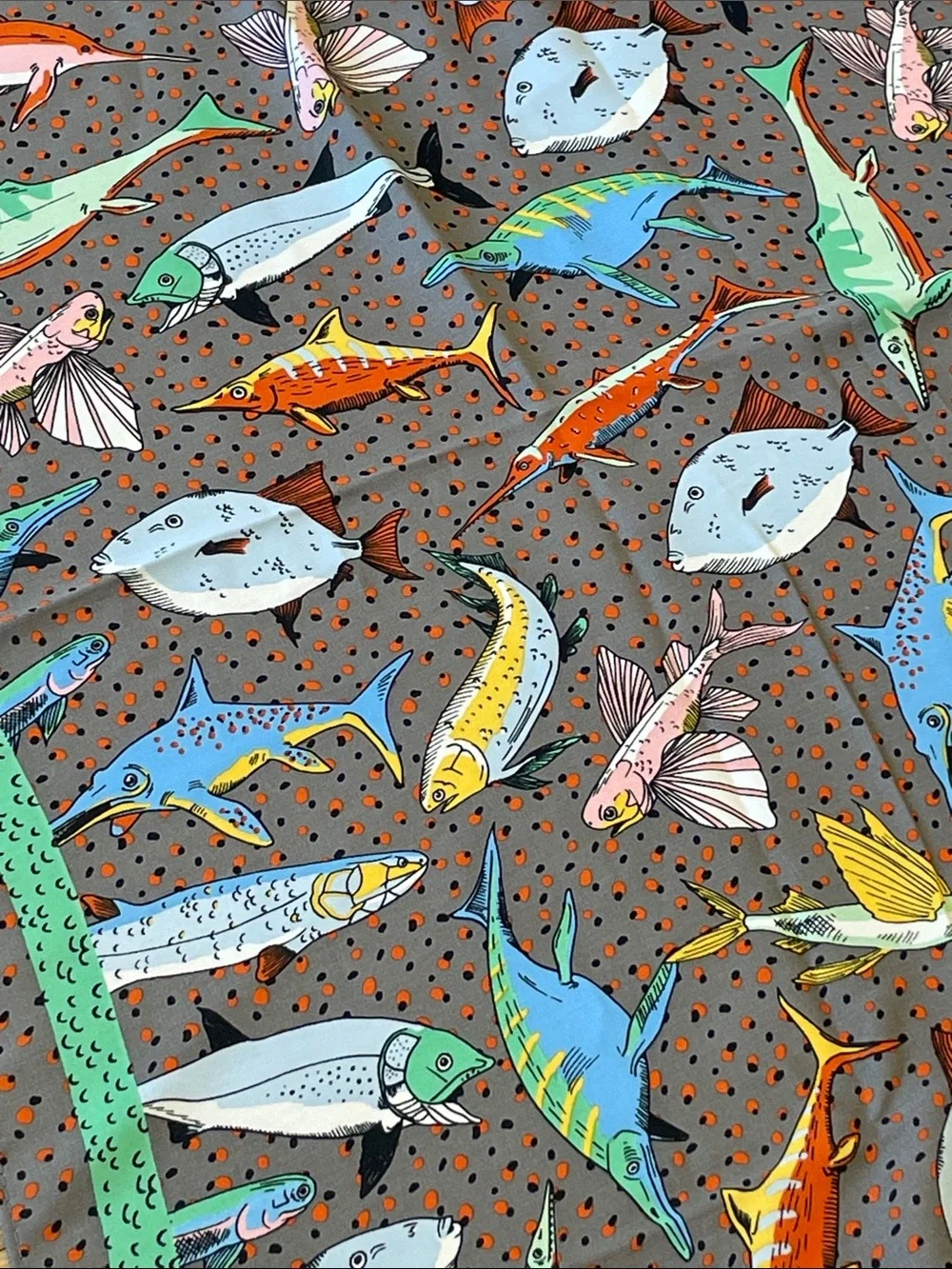 Bimba Y Lola Silk Scarf Multicolor Fish Ocean Coastal Green Trim Large Square